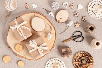 Wrapping gifts and creating eco friendly christmas cards and ornaments in neutral colors. No plastic, zero waste xmas