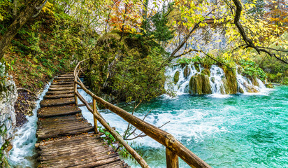 Autumn landscape with waterfall in Plitvice lakes national park, Croatia