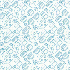 Vector illustration seamless pattern. Cute doodle tea and coffee cups, teapot and glass jar. Blue outline, background decoration in the style of a checkered notebook sheet.