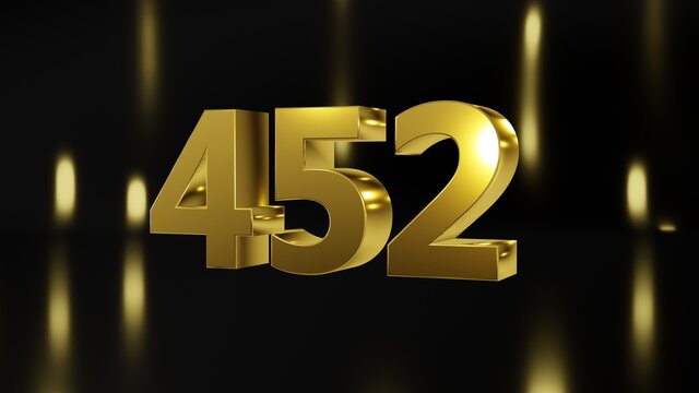 Number 452 in gold on black and gold background, isolated number 3d render