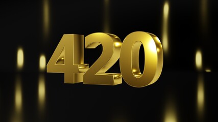 Number 420 in gold on black and gold background, isolated number 3d render