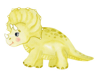 watercolor green cute dinosaur isolated on white background. Hand drawn triceratops © dreamloud
