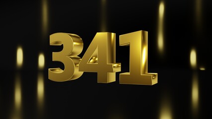 Number 341 in gold on black and gold background, isolated number 3d render