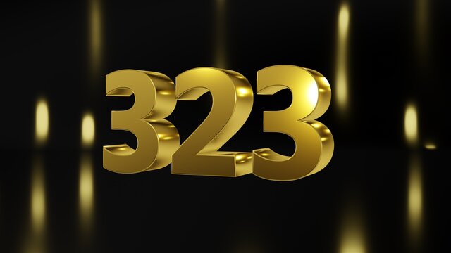 Number 323 in gold on black and gold background, isolated number 3d render