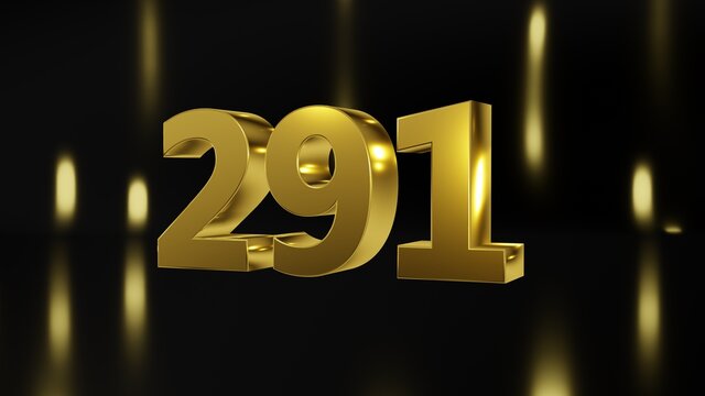 Number 291 in gold on black and gold background, isolated number 3d render