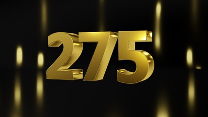 Number 275 in gold on black and gold background, isolated number 3d render