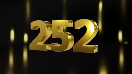 Number 252 in gold on black and gold background, isolated number 3d render