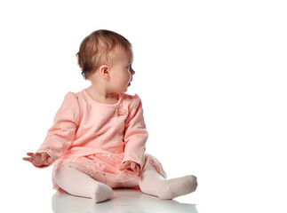 Cute little baby girl creeping on white background