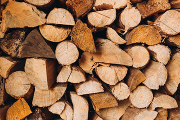 Preparation of firewood for the winter. Wooden logs, beams, firewood, frame. Wooden background.