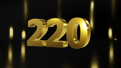 Number 220 in gold on black and gold background, isolated number 3d render