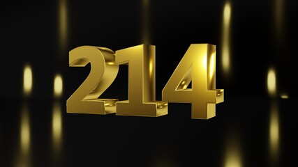 Number 214 in gold on black and gold background, isolated number 3d render