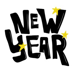 New year. Hand drawn calligraphy phrase. Winter holiday lettering. Black illustration. Isolated on white background.