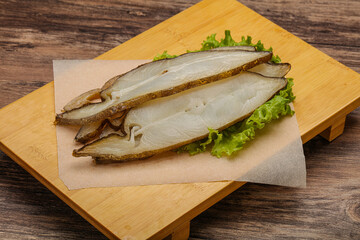Delicous smoked halibut slices snack