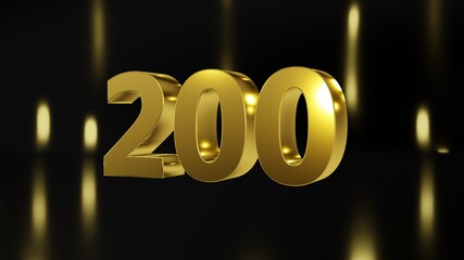 Number 200 in gold on black and gold background, isolated number 3d render - obrazy, fototapety, plakaty