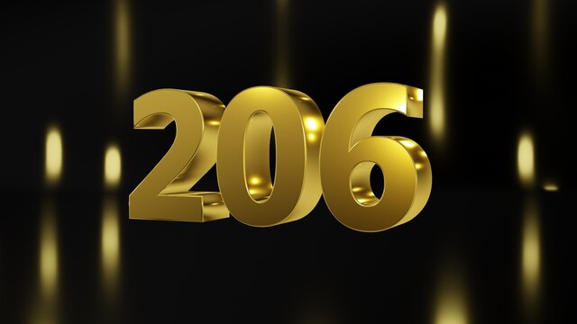 Number 206 in gold on black and gold background, isolated number 3d render