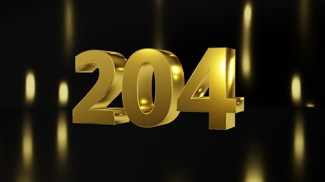 Number 204 in gold on black and gold background, isolated number 3d render