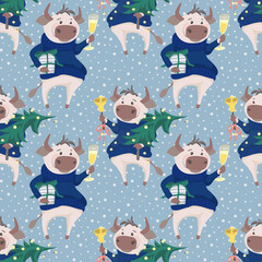 Fototapeta premium Vector seamless pattern with cute bull in blue sweater with christmas tree and bell. Blue background with white dots