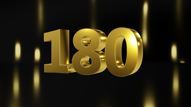 Number 180 in gold on black and gold background, isolated number 3d render
