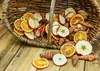 Weidenkorb gefüllt mit Orangen- und Apfelscheiben und Zimtstangen auf rustikalem Holzuntergrund