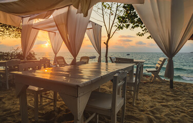Sea and beach white table set and white fabric.