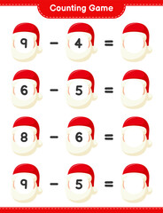 Counting game, count the number of Santa Claus and write the result. Educational children game, printable worksheet, vector illustration
