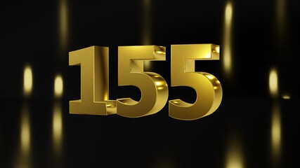 Number 155 in gold on black and gold background, isolated number 3d render