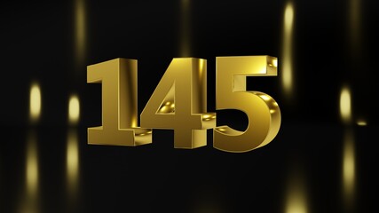 Number 145 in gold on black and gold background, isolated number 3d render