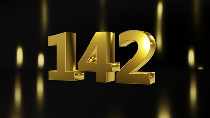 Number 142 in gold on black and gold background, isolated number 3d render