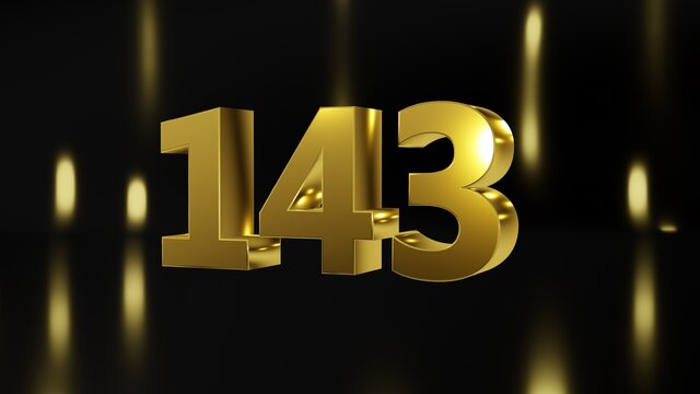 Number 143 in gold on black and gold background, isolated number 3d render