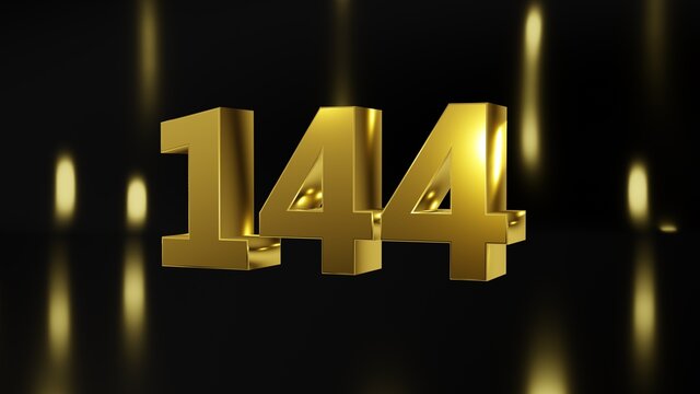 Number 144 in gold on black and gold background, isolated number 3d render
