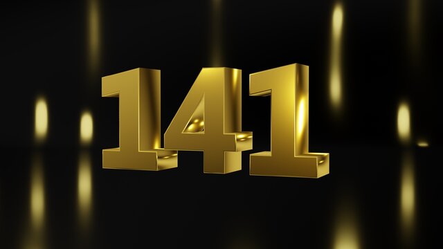 Number 141 in gold on black and gold background, isolated number 3d render