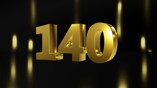 Number 140 in gold on black and gold background, isolated number 3d render