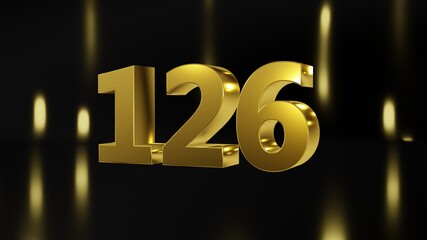 Number 126 in gold on black and gold background, isolated number 3d render