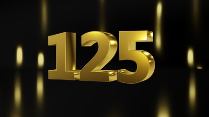 Number 125 in gold on black and gold background, isolated number 3d render