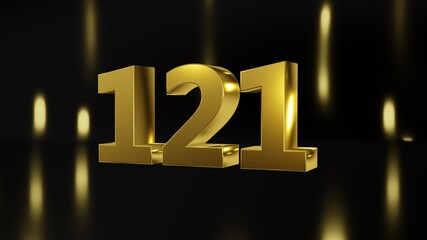 Number 121 in gold on black and gold background, isolated number 3d render