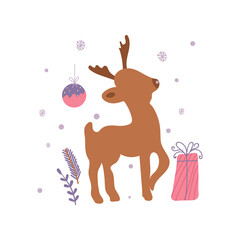 Christmas minimalistic card with reindeer and ball. Vector illustration with winter motif isolated on white background