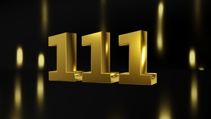 Number 111 in gold on black and gold background, isolated number 3d render - obrazy, fototapety, plakaty