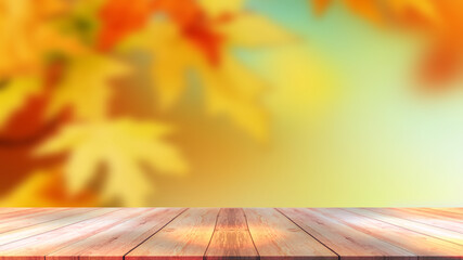 Naklejka na ściany i meble autumn color blur forest background concept with wooden table & sunlight thanksgiving concept
