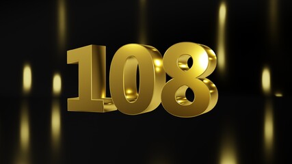 Number 108 in gold on black and gold background, isolated number 3d render - obrazy, fototapety, plakaty