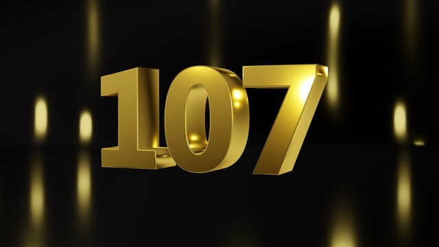 Number 107 in gold on black and gold background, isolated number 3d render