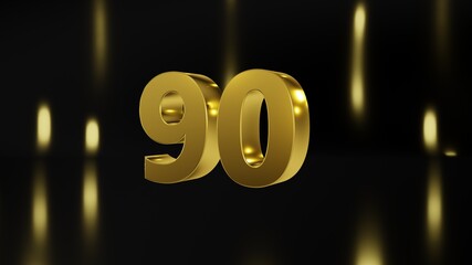Number 90 in gold on black and gold background, isolated number 3d render