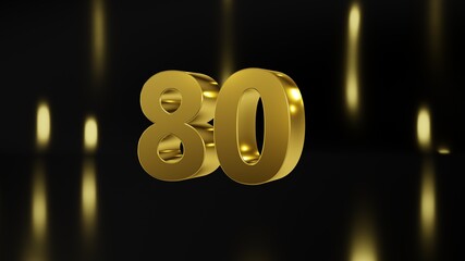 Number 80 in gold on black and gold background, isolated number 3d render