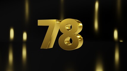 Number 78 in gold on black and gold background, isolated number 3d render