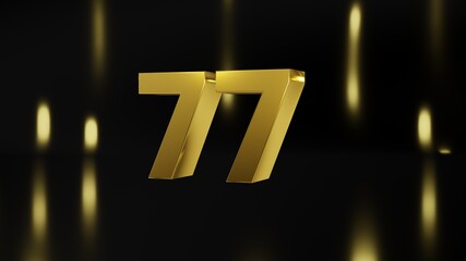 Number 77 in gold on black and gold background, isolated number 3d render