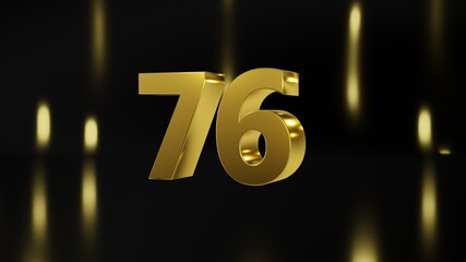 Number 76 in gold on black and gold background, isolated number 3d render - obrazy, fototapety, plakaty
