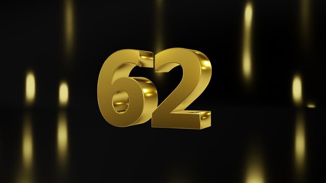 Number 62 in gold on black and gold background, isolated number 3d render