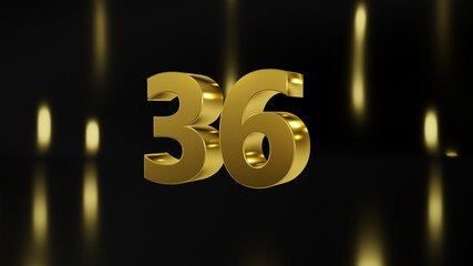 Number 36 in gold on black and gold background, isolated number 3d render