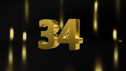 Number 34 in gold on black and gold background, isolated number 3d render