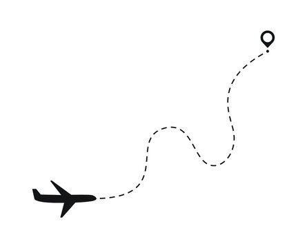 Airplane dotted path, route line. Aircraft tracking, trace or road vector illustration. Plane track to point with dashed line way or air lines on white background. Starting pin to destination point.