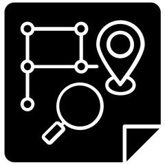 
Magnifying glass inside a map with some path and location pointer, indicating location search
